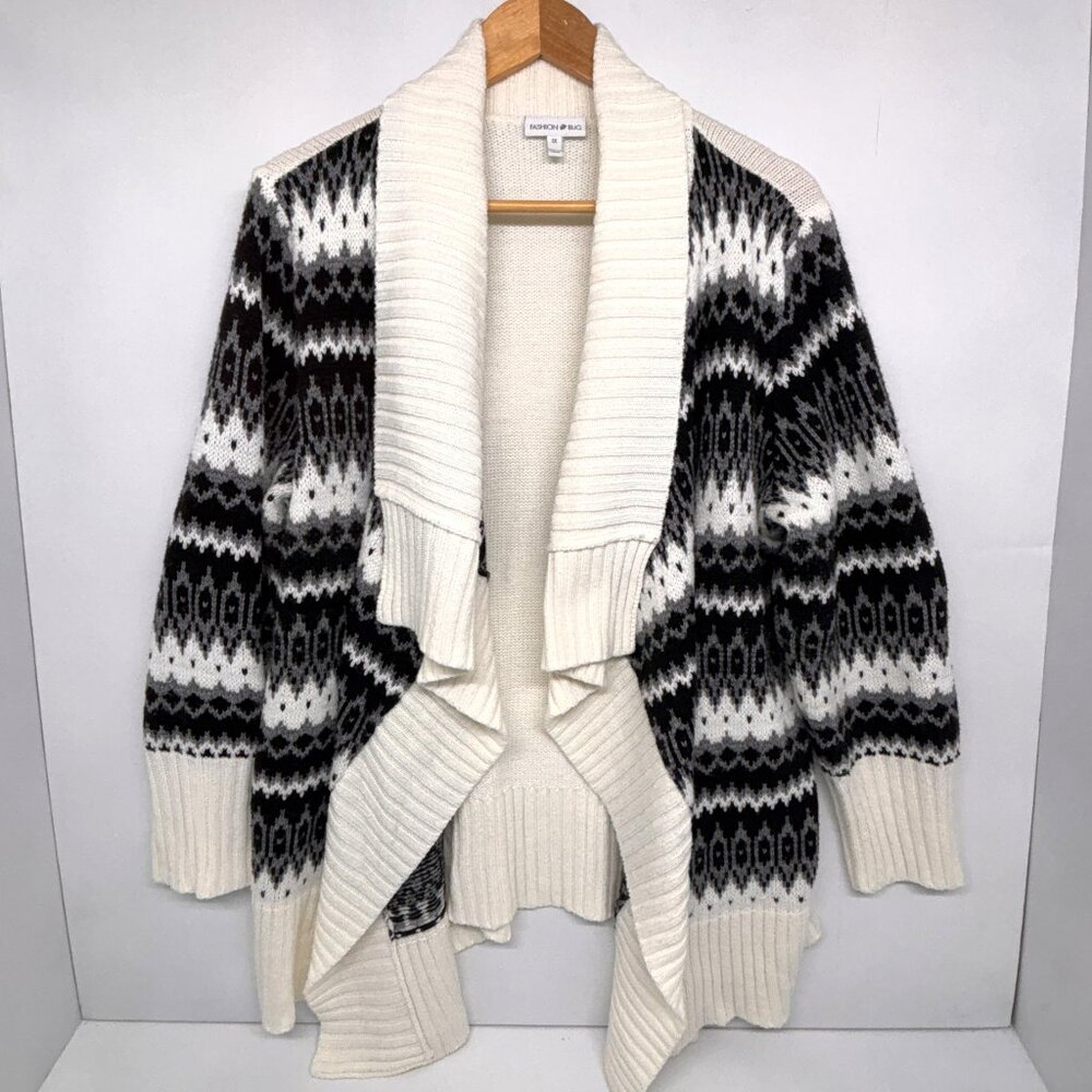 Fashion Bug Cardigan Sweater Open Front White Black Gray Women's Size 1X